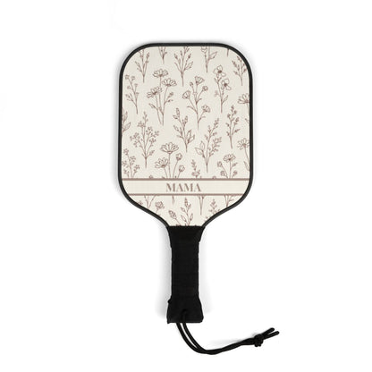 Pickleball paddle with floral pattern and 'MAMA' text on a white background