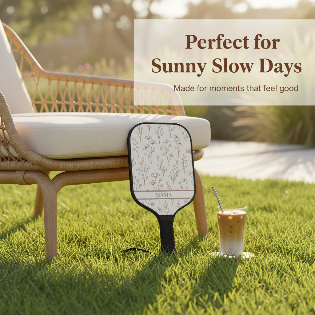 Paddle with floral design on grass next to a lounge chair and iced coffee, with text 'Perfect for Sunny Slow Days'.
