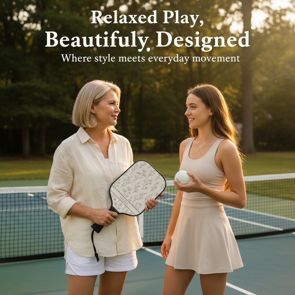 Two women on a tennis court with text about relaxed play and design.