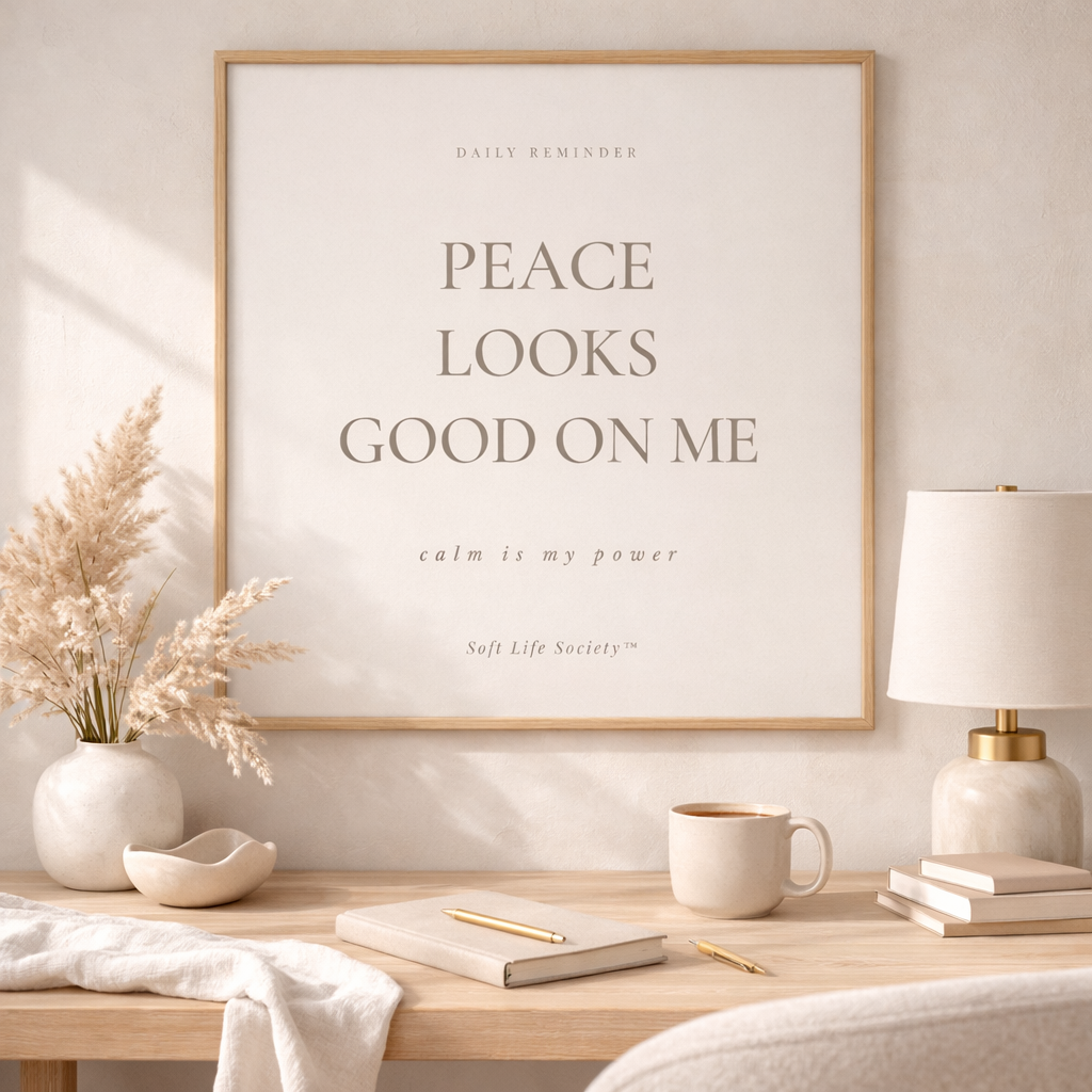 Framed artwork with motivational quote on a wall above a wooden desk with decor items.