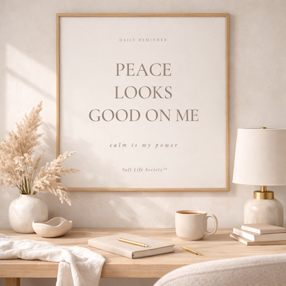 Framed artwork with motivational quote on a wall above a wooden desk with decor items.