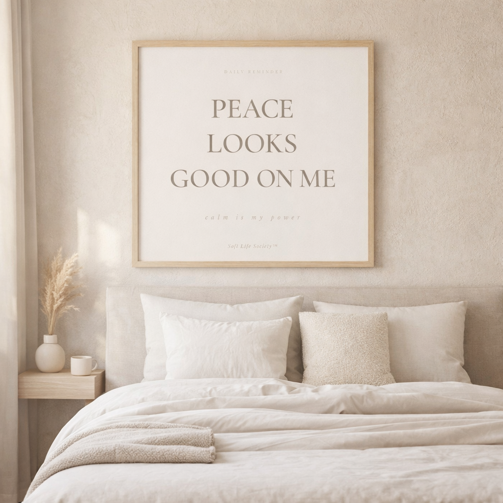 Framed artwork with 'Peace Looks Good on Me' text above a bed in a bedroom setting.