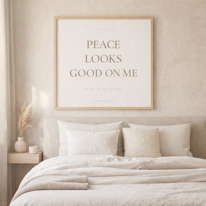 Framed artwork with 'Peace Looks Good on Me' text above a bed in a bedroom setting.