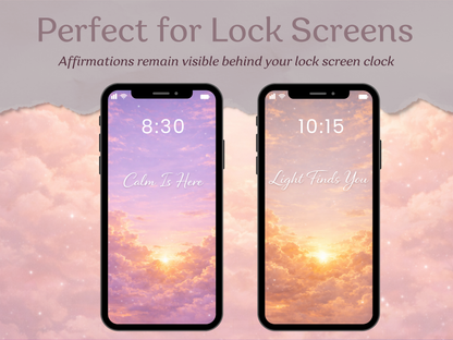 Two smartphones displaying lock screen time and affirmations with a soft cloud background.