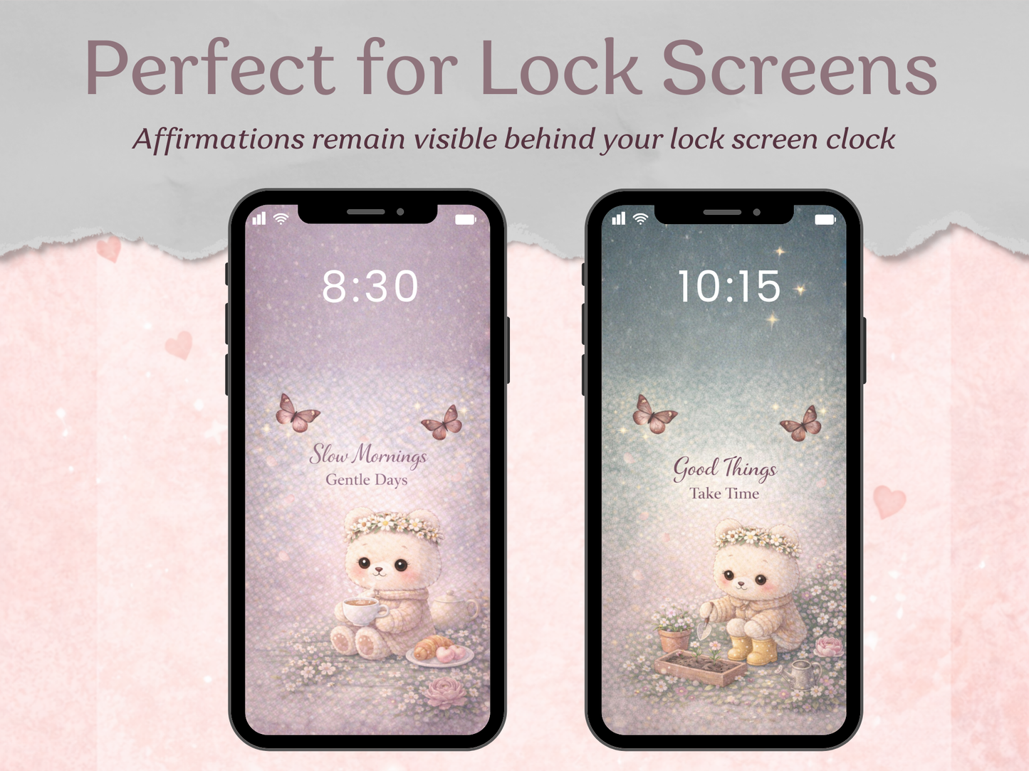 Two smartphones displaying lock screen designs with cute characters and text on a soft pink background.