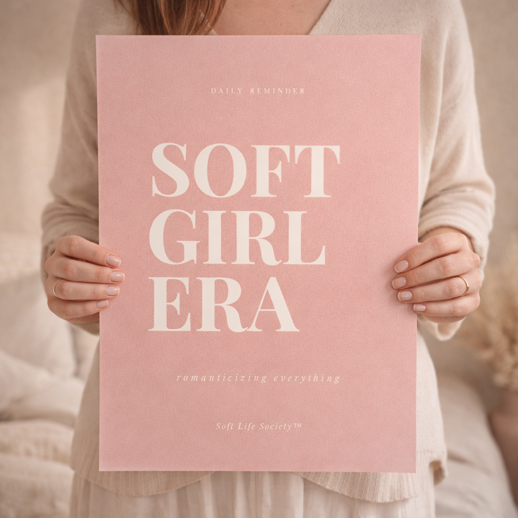 Person holding a pink poster with 'SOFT GIRL ERA' text