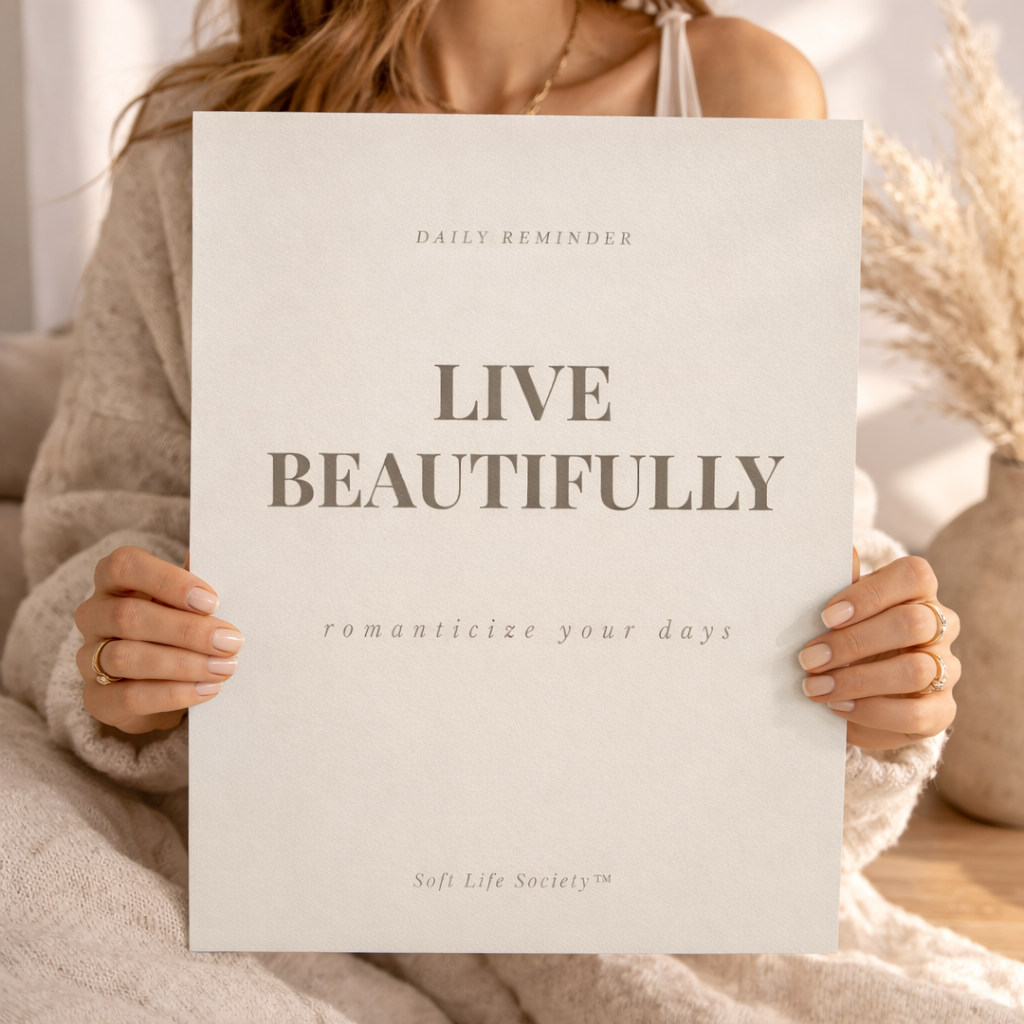 Person holding a 'Live Beautifully' poster with soft lighting and neutral colors.