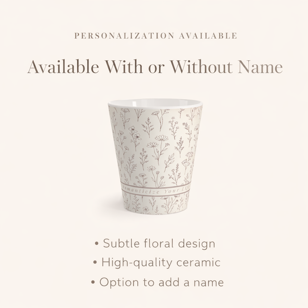 Botanical latte mug personalization option image showing available with or without custom name or phrase design.