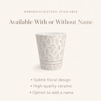 Botanical latte mug personalization option image showing available with or without custom name or phrase design.