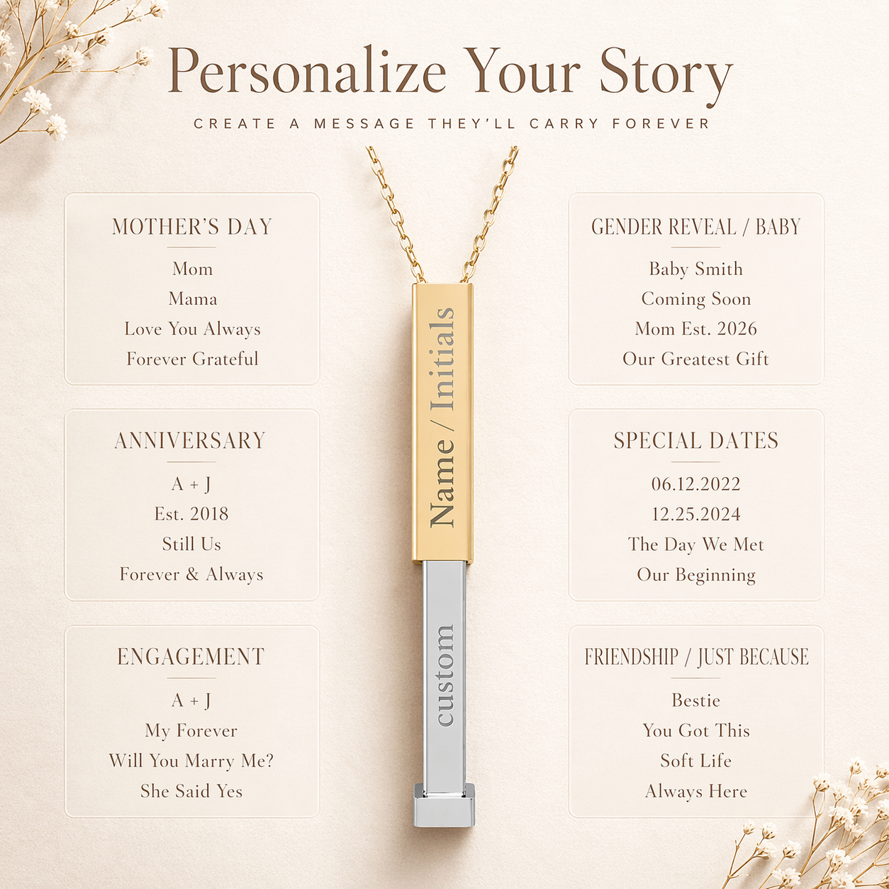Custom engraving ideas for necklace including anniversary, engagement, and meaningful messages