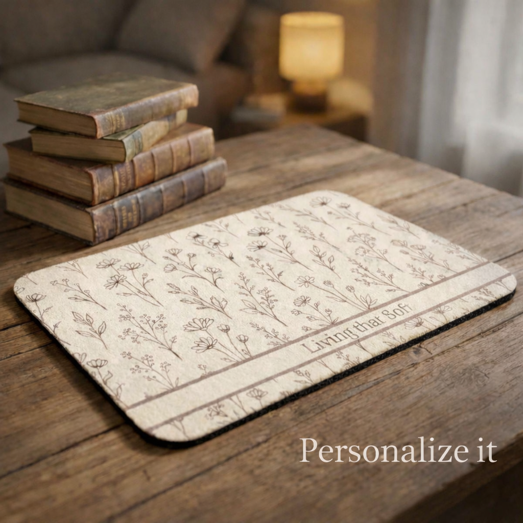 Decorative mat with floral pattern and text on a wooden surface, with books stacked in the background.