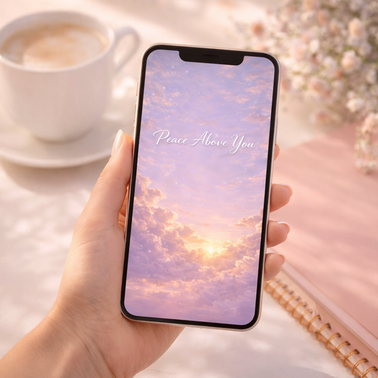 Hand holding a phone with 'Peace Above You' wallpaper, next to a cup of coffee and notebook.