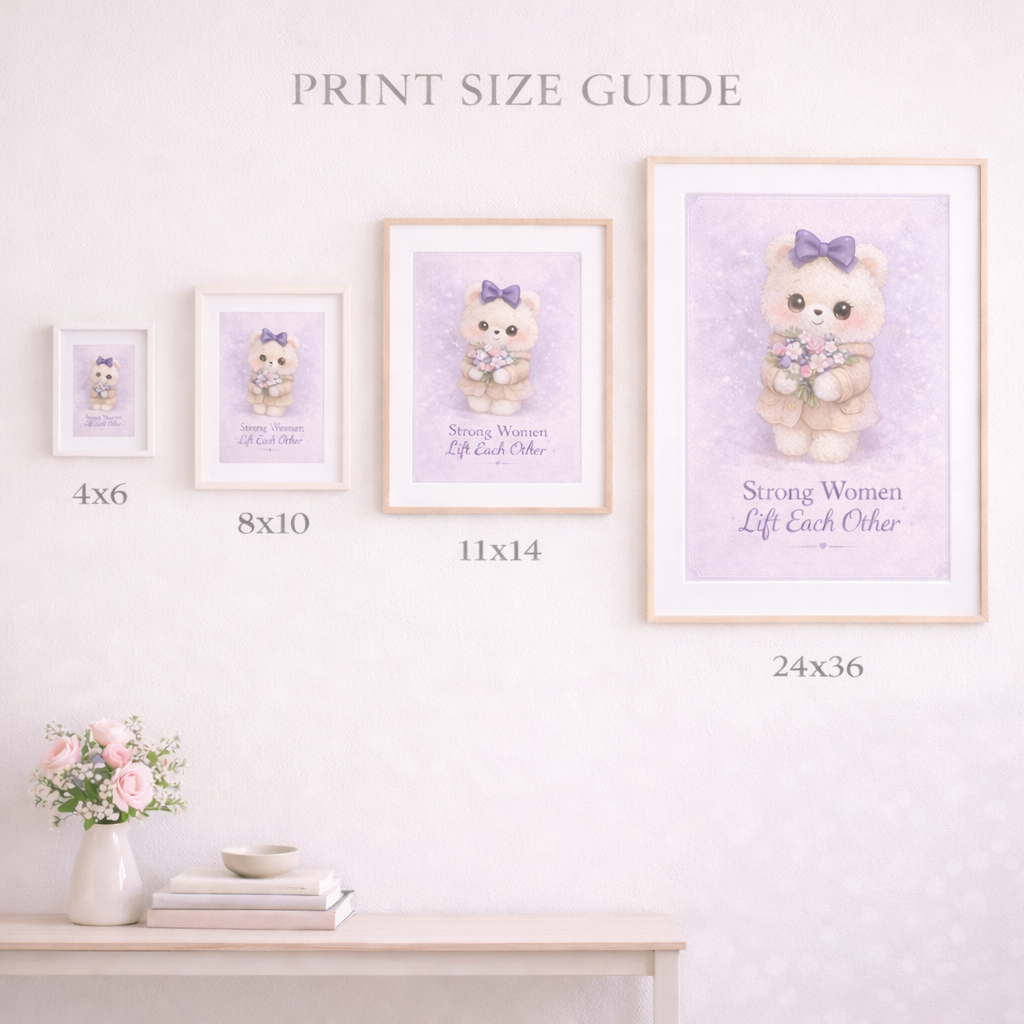 Print size guide with framed illustrations of a bear on a white wall.