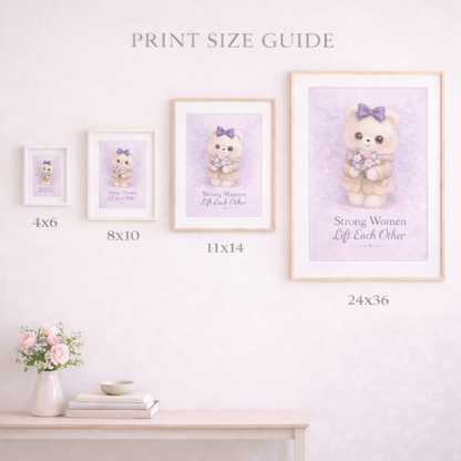 Print size guide with framed illustrations of a bear on a white wall.
