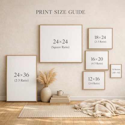 Print size guide with framed art on a wall in a room setting