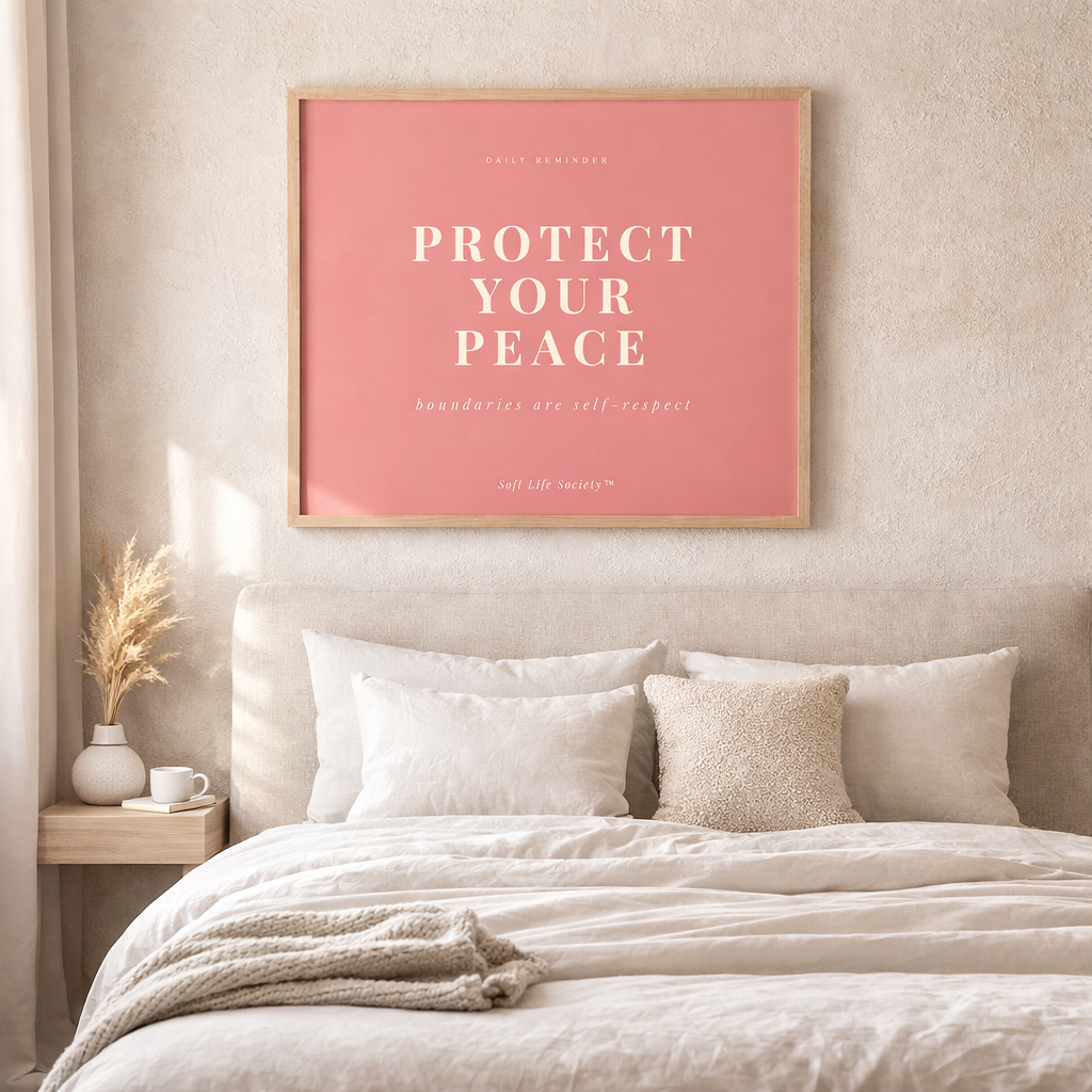 Bedroom with a pink framed poster on the wall