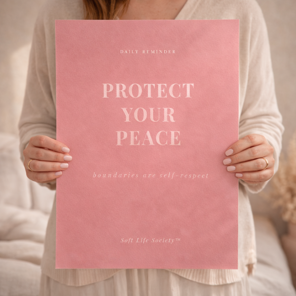 Person holding a pink poster with text 'Protect Your Peace' and 'Daily Reminder' on a neutral background