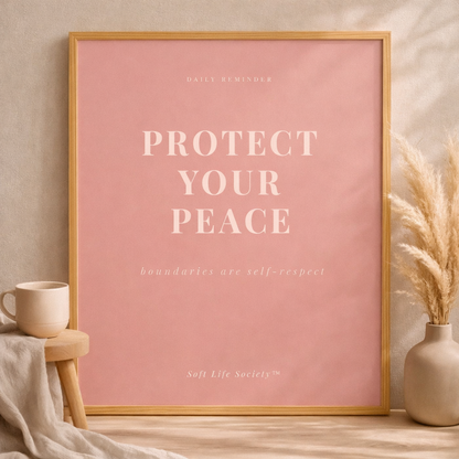 Framed poster with 'Protect Your Peace' text on a pink background, placed on a wooden surface with decor items.