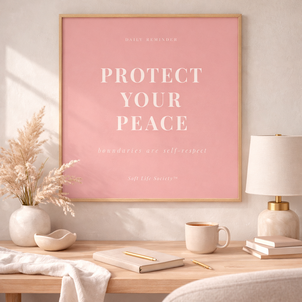 Pink framed poster with 'Protect Your Peace' text on a wall above a wooden desk.