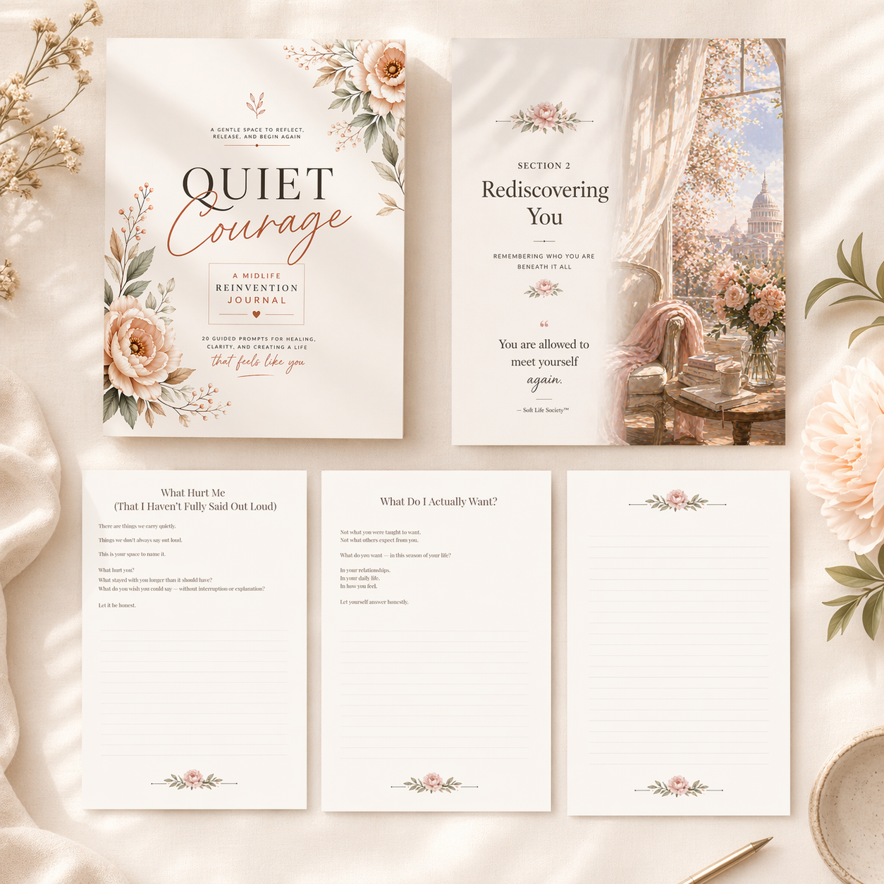 printable journal pages bundle, full journal layout preview, guided journal pages overview, feminine journal design set