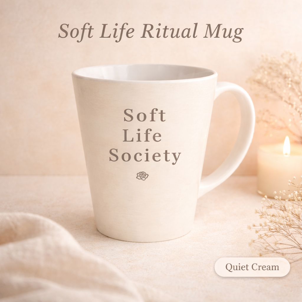 Cream mug with 'Soft Life Society' text on a soft beige background