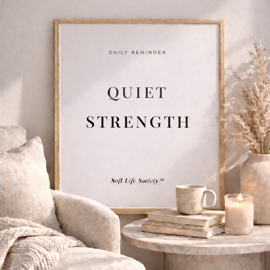Framed artwork with 'Quiet Strength' text in a cozy living room setting.