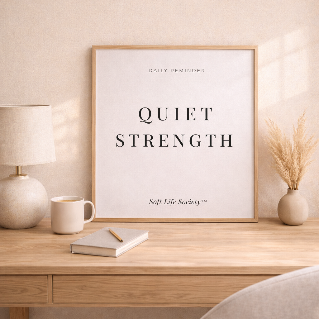 Framed print with 'Quiet Strength' on a wooden desk with decor items.