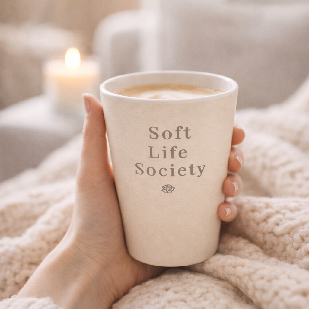 Hand holding a 'Soft Life Society' mug with a blurred candle in the background