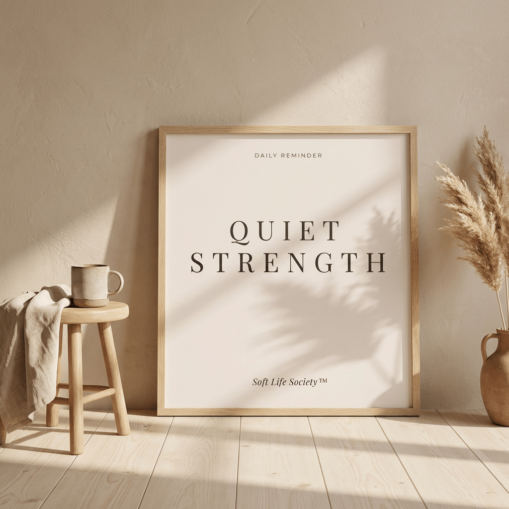 Framed artwork with 'Quiet Strength' text in a home setting