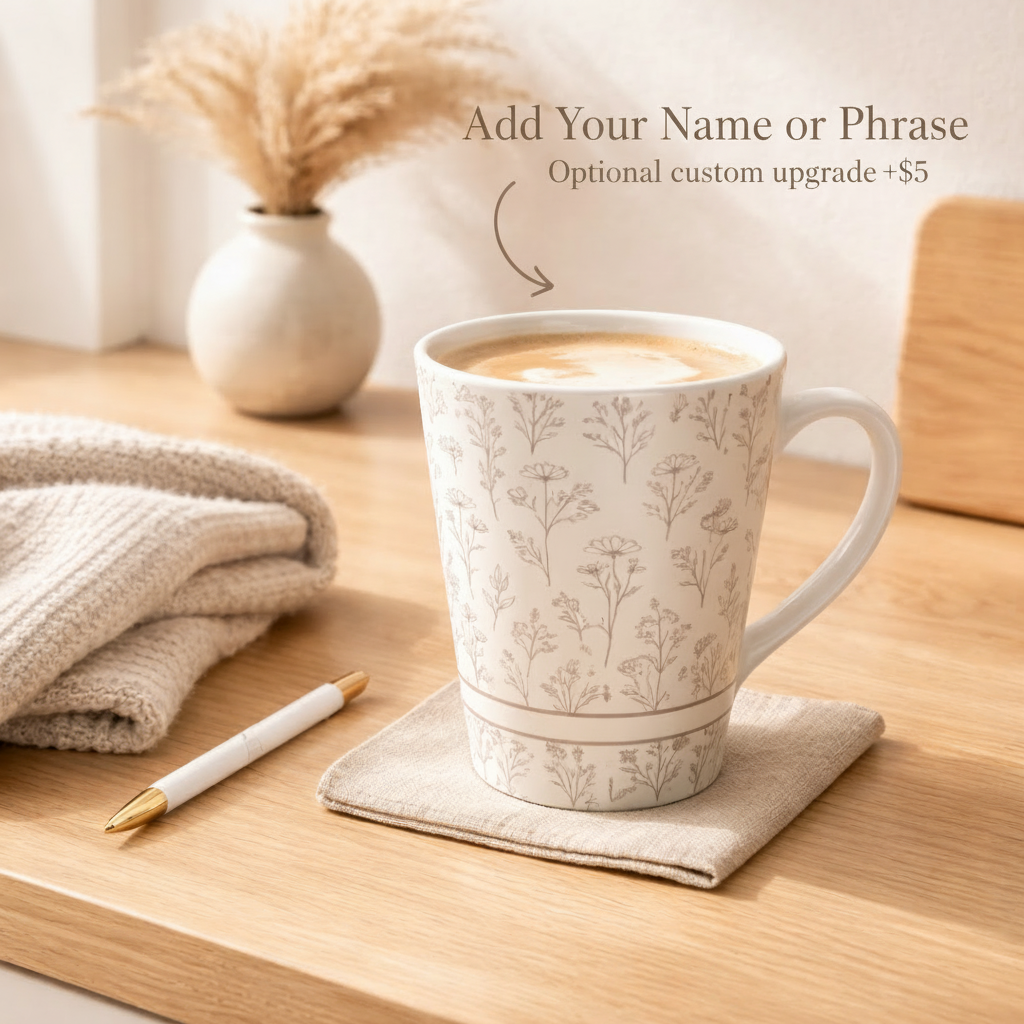 Botanical latte mug on linen coaster beside journal and pen in warm sunlight minimalist intentional living workspace scene.
