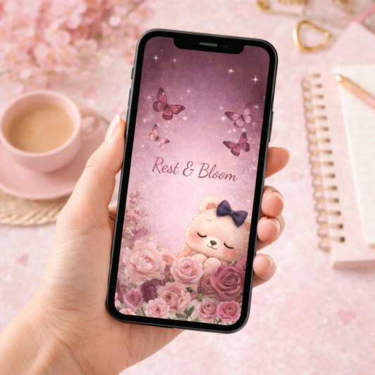 Hand holding a phone with a pink-themed wallpaper featuring a bear and flowers, on a pink background.