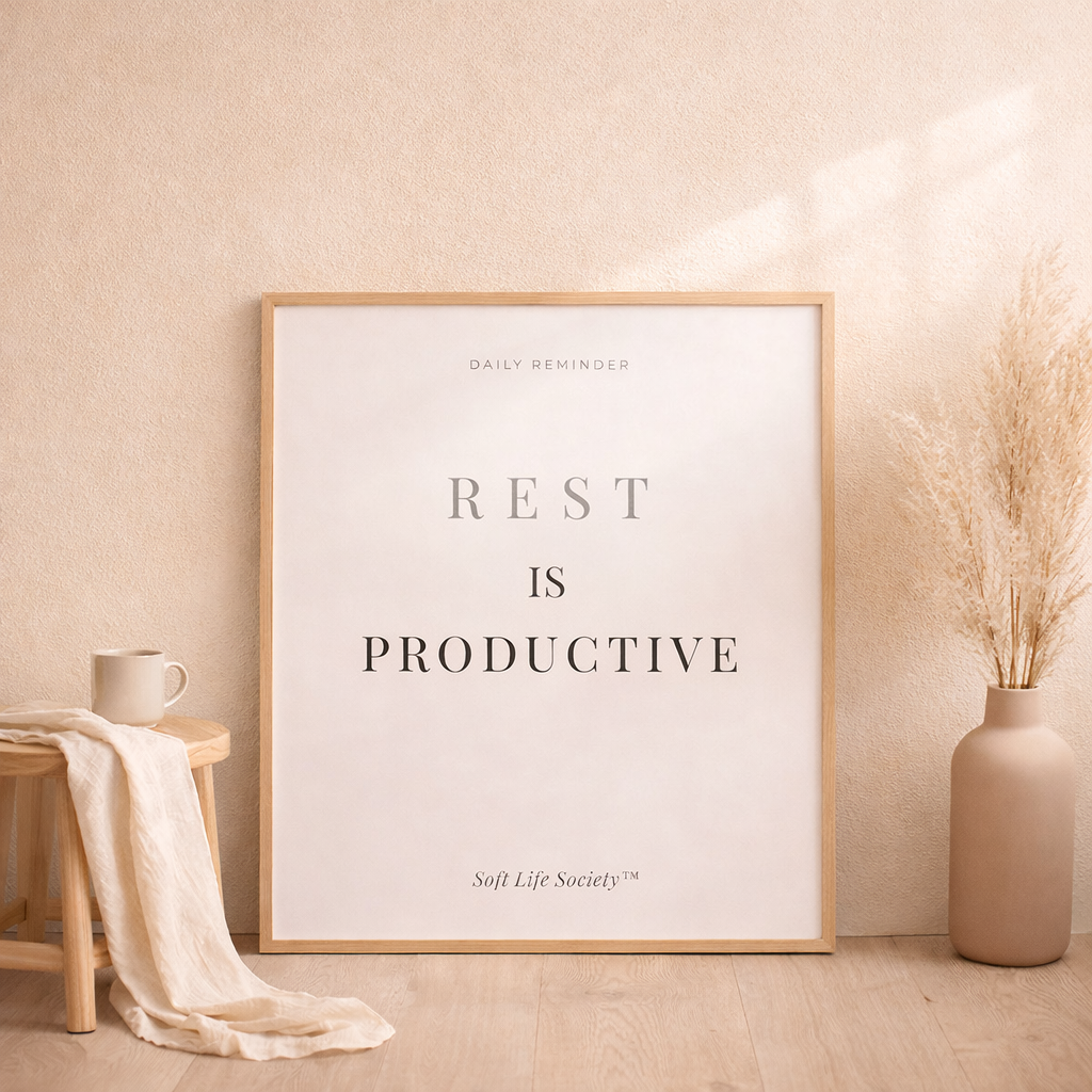 Framed print with 'Rest is Productive' quote on a wall with decor elements.