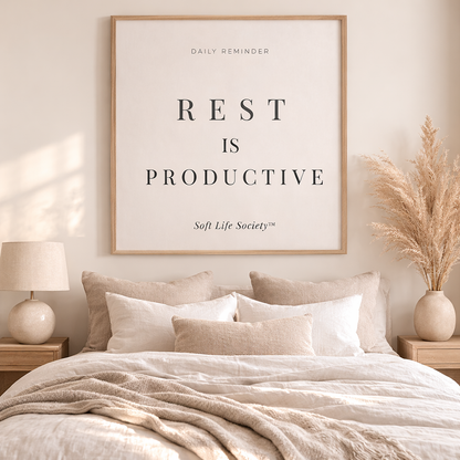 Bedroom with 'Rest is Productive' poster above bed