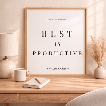 Framed poster with 'Rest is Productive' quote on a wooden desk with decor items.