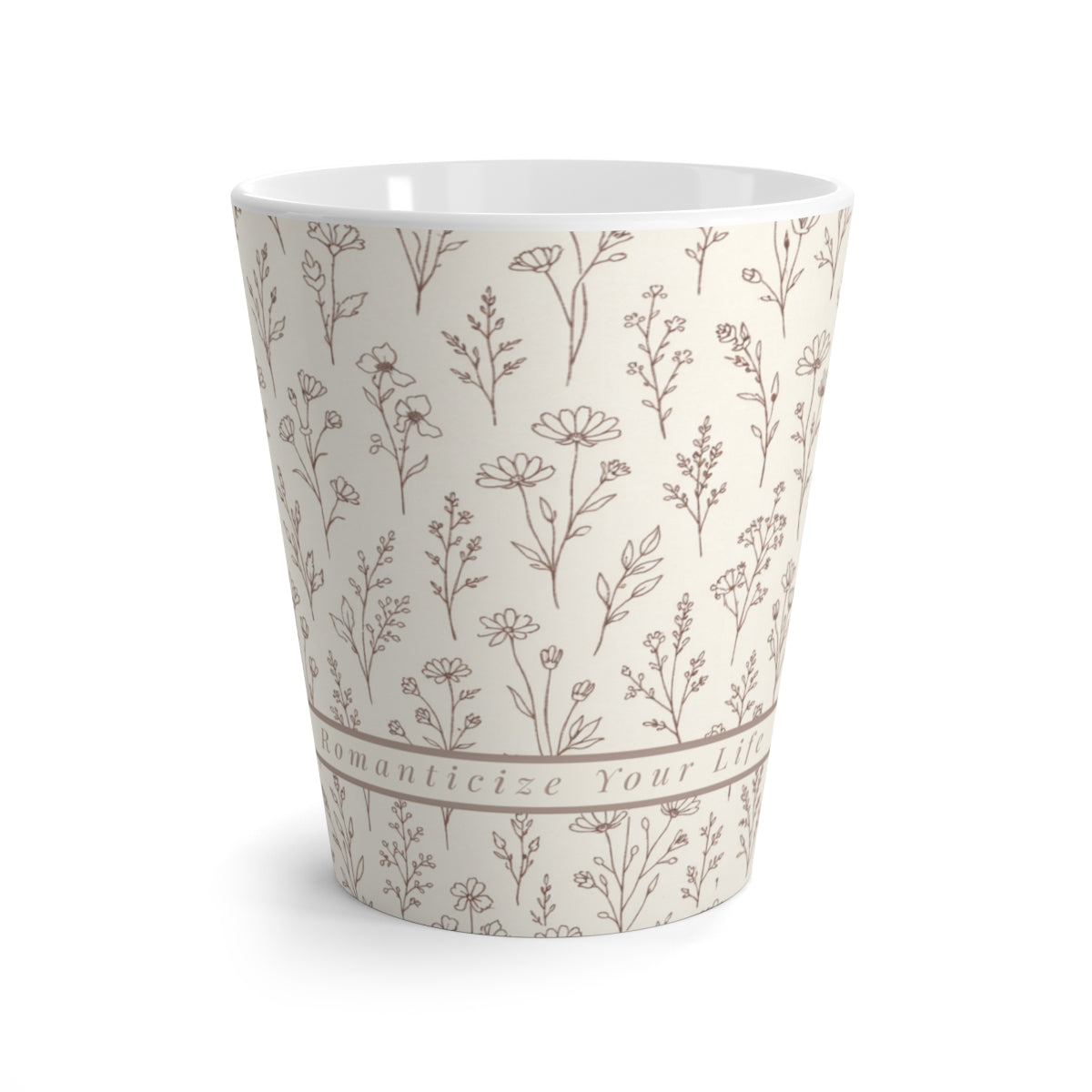 'Romanticize Your Life' Latte Mug with floral pattern on a white background
