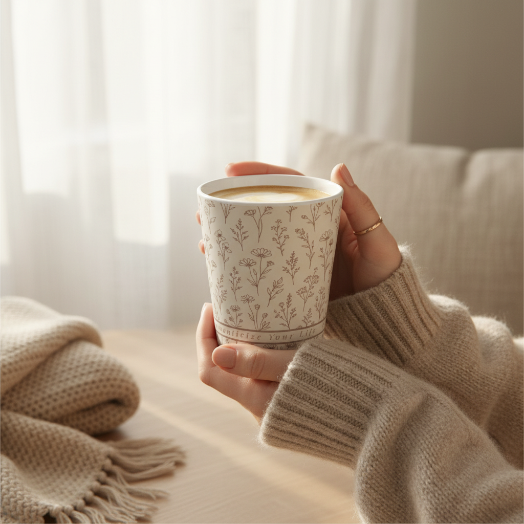 Hands in beige knit sweater holding botanical latte mug filled with coffee in soft morning light cozy lifestyle scene.