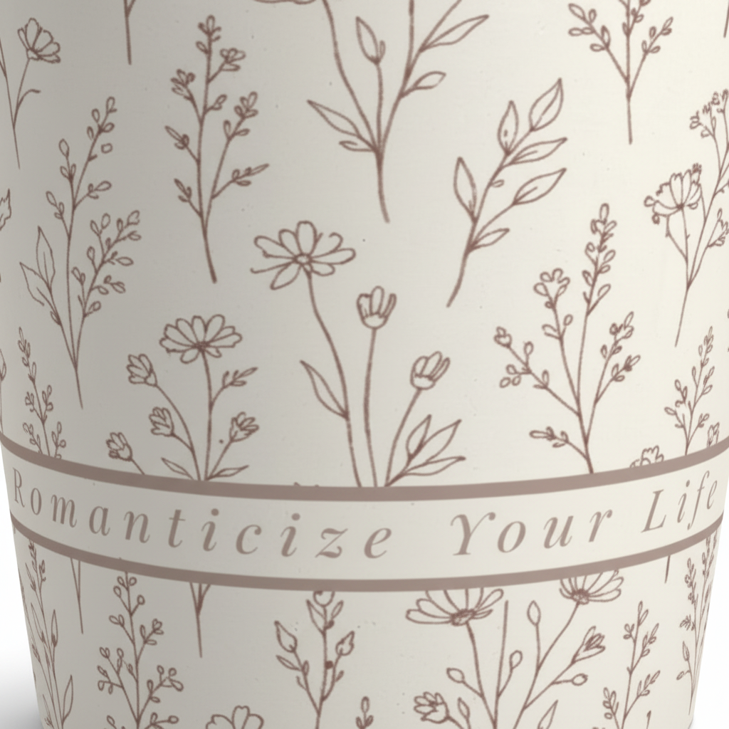 Closeup detail of Romanticize Your Life affirmation band on neutral botanical ceramic latte mug showing elegant floral pattern.
