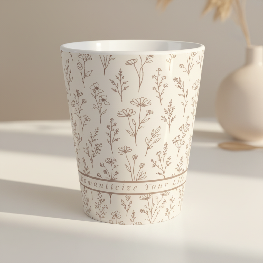 Neutral botanical latte mug with Romanticize Your Life affirmation band styled in warm Scandinavian sunlight on minimal table.
