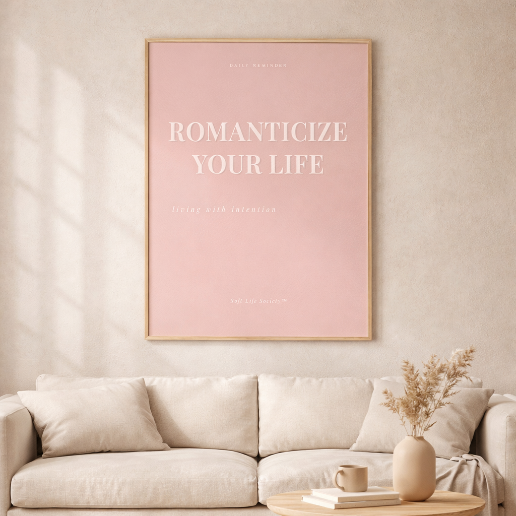 Livingroom with a pink motivational poster on the wall