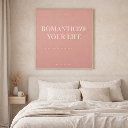 Bedroom with a pink motivational poster on the wall