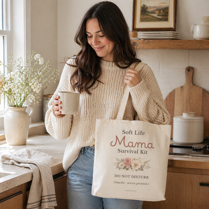 Woman holding a tote bag labeled 'Soft Life Mama Survival Kit' in a kitchen.