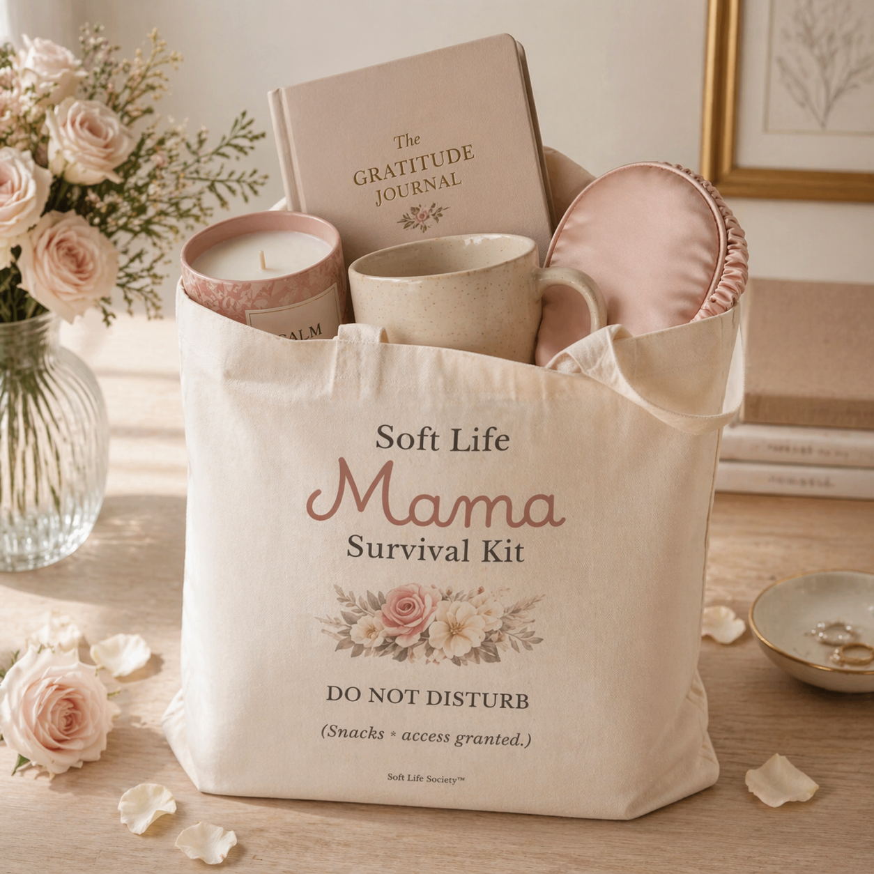 Bag labeled 'Soft Life Mama Survival Kit' with items including a mug, book, and candle on a wooden surface.
