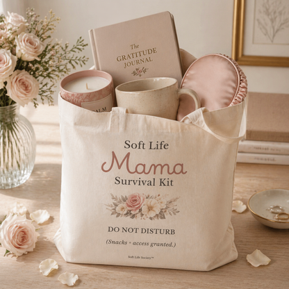 Bag labeled 'Soft Life Mama Survival Kit' with items including a mug, book, and candle on a wooden surface.