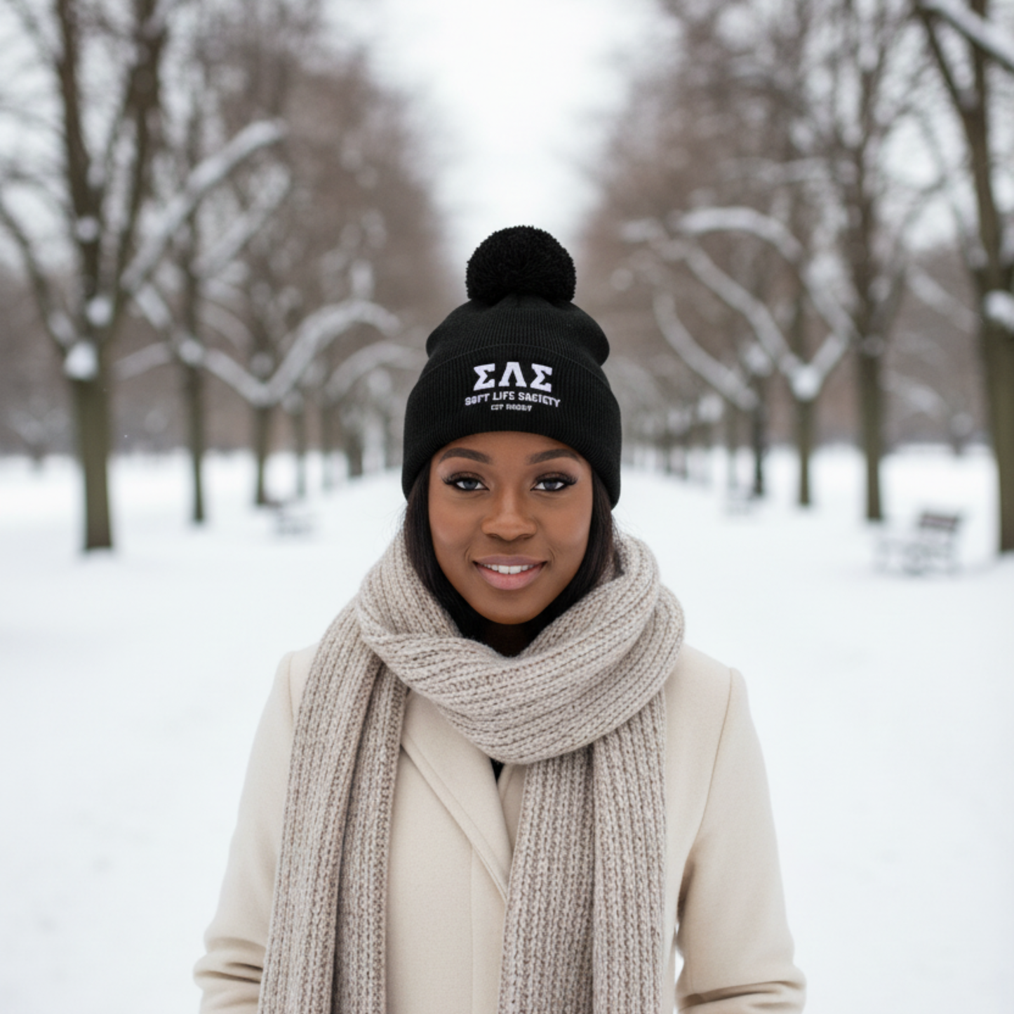 Soft Life Society™ ΣΛΣ Pom Pom Beanie | Varsity Knit Winter Hat