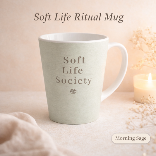 Light green mug with 'Soft Life Society' text on a soft pink background