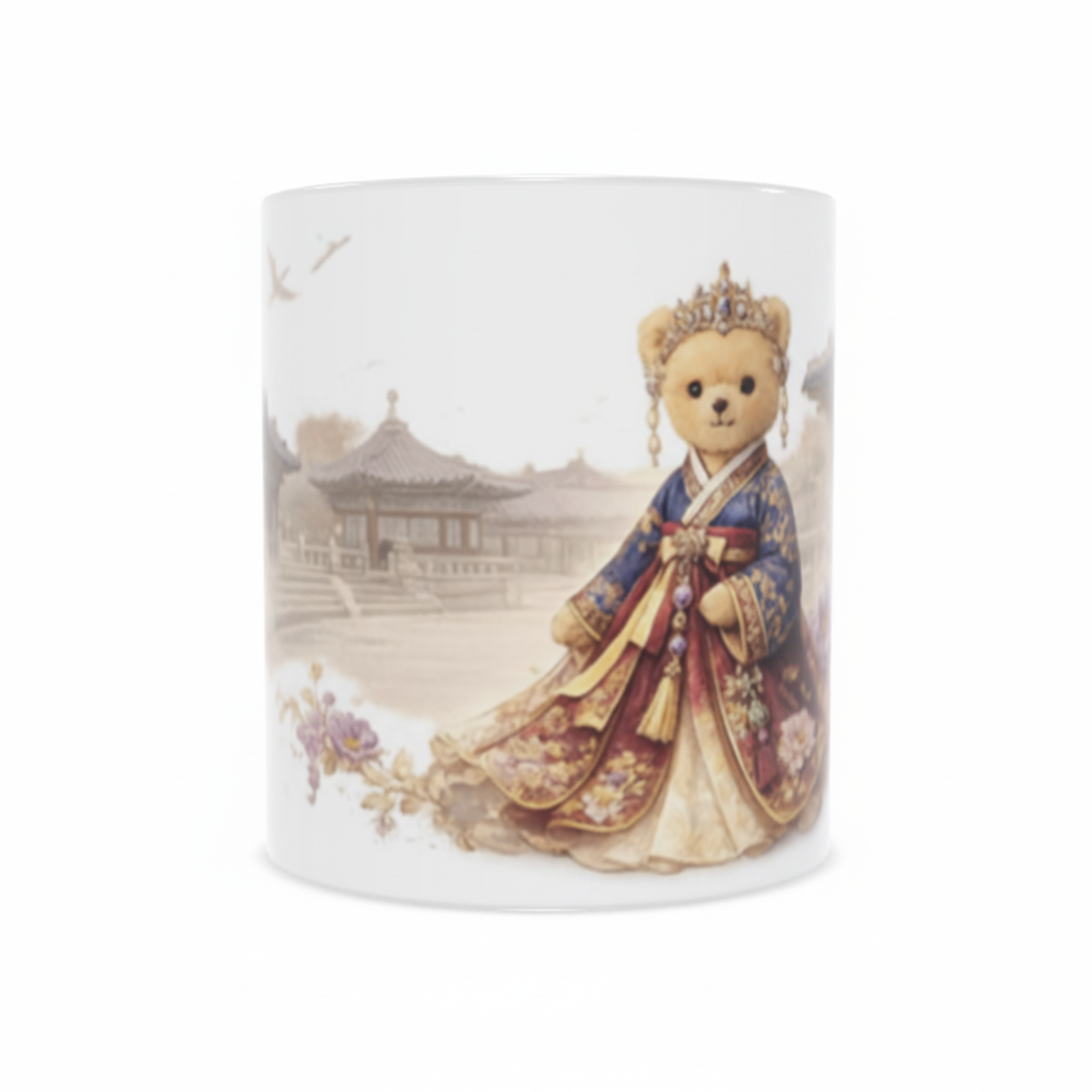 Ceramic mug with a teddy bear in traditional attire on a white background