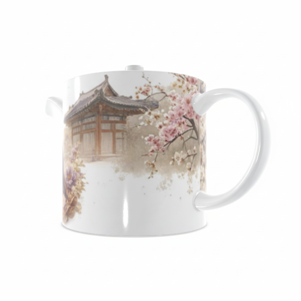 Mug with a design of a traditional building and cherry blossoms on a white background