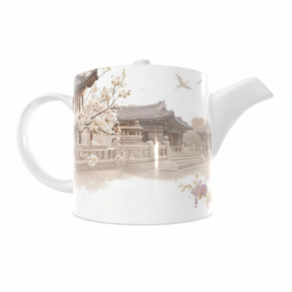 Teapot with a scenic design of a Korean palace and cherry blossoms on a white background