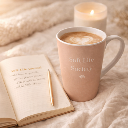 Pink 'Soft Life Society' mug with cappuccino, open journal, and candle on soft fabric background