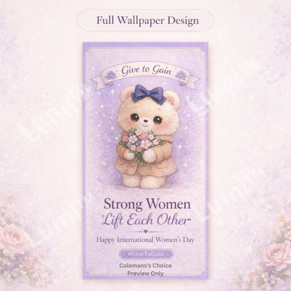 Smartphone lock screen preview displaying a lavender teddy bear wallpaper with the message “Strong Women Lift Each Other” and International Women’s Day theme.